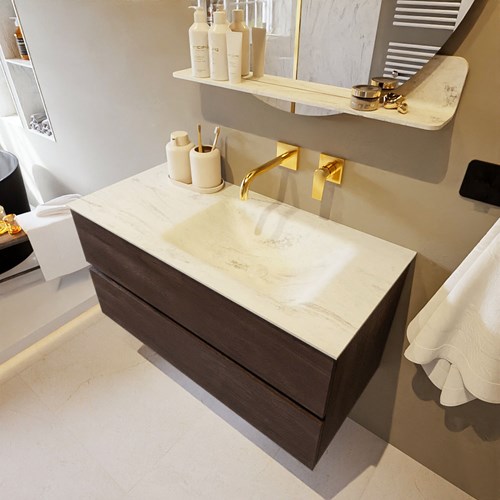 VICA-DLUX 100cm mueble de baño Dark Brown 2 cajones. Lavabo CLOUD Derecho sin orificio color Opalo.