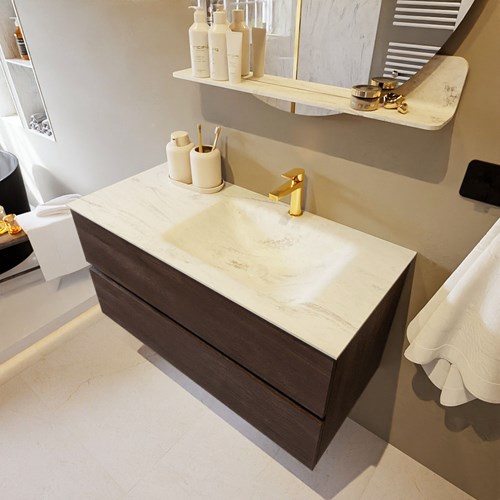 VICA-DLUX 100cm mueble de baño Dark Brown 2 cajones. Lavabo CLOUD Derecho 1 orificio color Opalo.