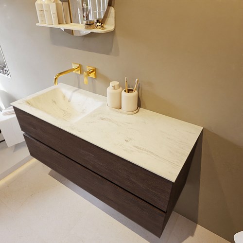 VICA-DLUX 120cm mueble de baño Dark Brown 2 cajones. Lavabo CLOUD Izquierda sin orificio color Opalo.