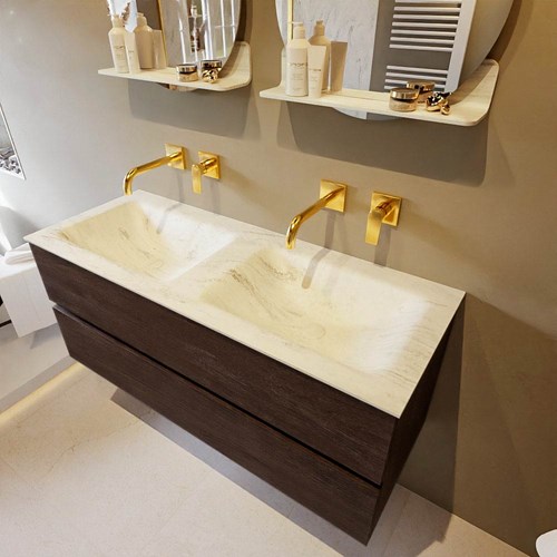 VICA-DLUX 120cm mueble de baño Dark Brown 2 cajones. Lavabo CLOUD Doble sin orificio color Opalo.