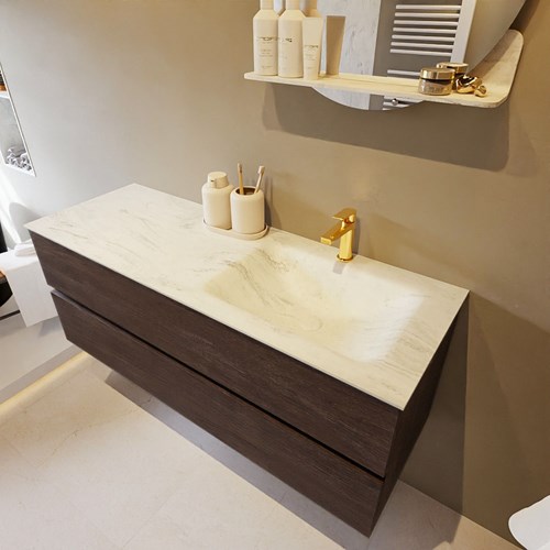 VICA-DLUX 130cm mueble de baño Dark Brown 2 cajones. Lavabo CLOUD Derecho 1 orificio color Opalo.