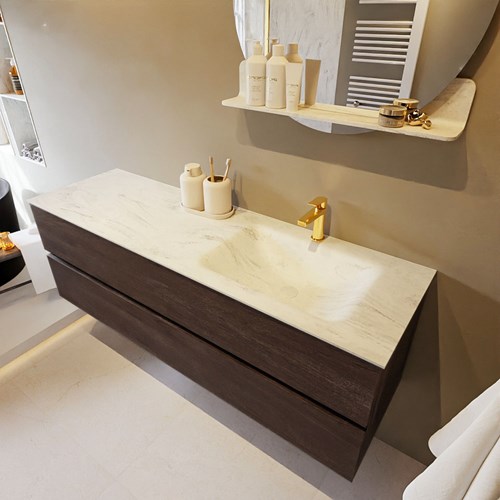 VICA-DLUX 150cm mueble de baño Dark Brown 2 cajones. Lavabo CLOUD Derecho 1 orificio color Opalo.