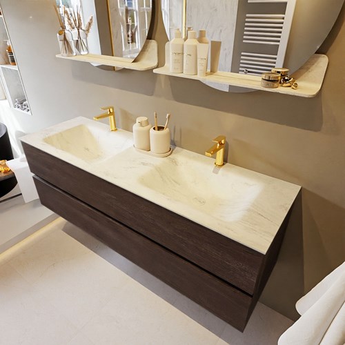 VICA-DLUX 150cm mueble de baño Dark Brown 2 cajones. Lavabo CLOUD Doble 2 orificios color Opalo.