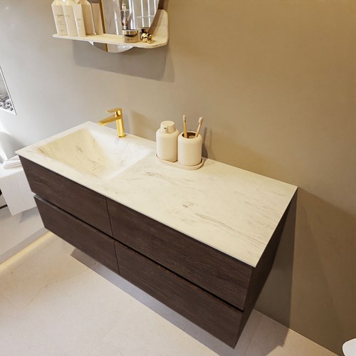VICA-DLUX 120cm mueble de baño Dark Brown 4 cajones. Lavabo CLOUD Izquierda 1 orificio color Opalo.