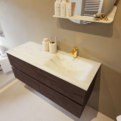VICA-DLUX 120cm mueble de baño Dark Brown 4 cajones. Lavabo CLOUD Derecho 1 orificio color Opalo.