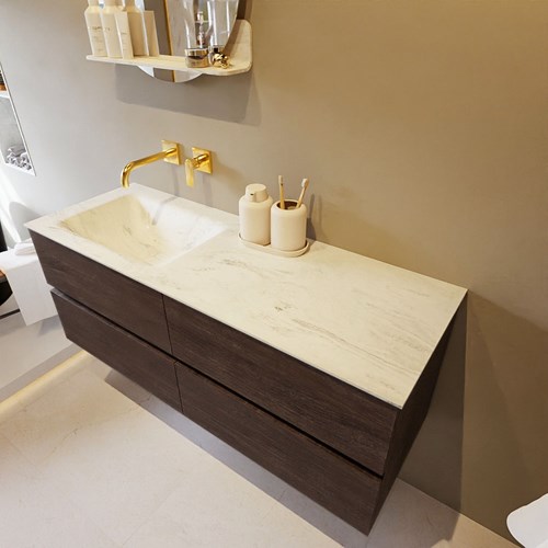 VICA-DLUX 130cm mueble de baño Dark Brown 4 cajones. Lavabo CLOUD Izquierda sin orificio color Opalo.