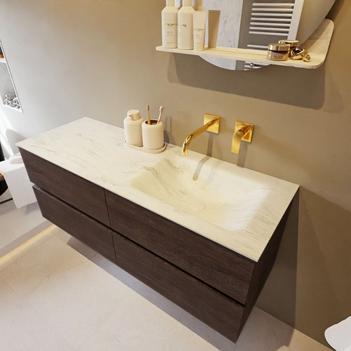 VICA-DLUX 130cm mueble de baño Dark Brown 4 cajones. Lavabo CLOUD Derecho sin orificio color Opalo.