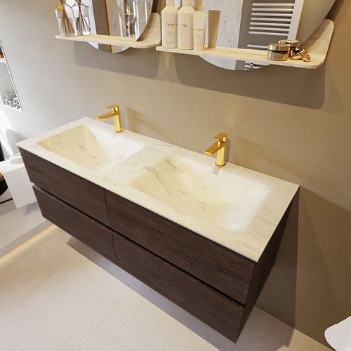 VICA-DLUX 130cm mueble de baño Dark Brown 4 cajones. Lavabo CLOUD Doble 2 orificios color Opalo.