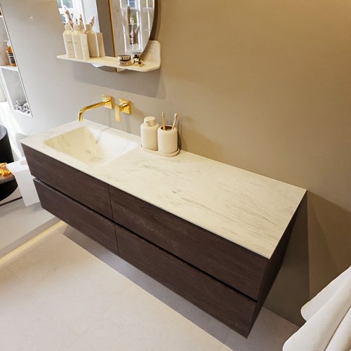 VICA-DLUX 150cm mueble de baño Dark Brown 4 cajones. Lavabo CLOUD Izquierda sin orificio color Opalo.