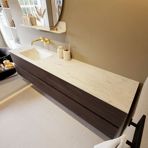 VICA-DLUX 200cm mueble de baño Dark Brown 4 cajones. Lavabo CLOUD Izquierda sin orificio color Opalo.