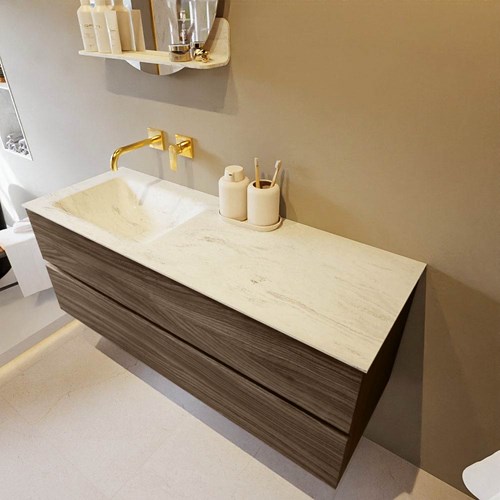 VICA-DLUX 130cm mueble de baño Mocha 2 cajones. Lavabo CLOUD Izquierda sin orificio color Opalo.