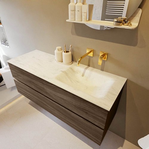 VICA-DLUX 130cm mueble de baño Mocha 2 cajones. Lavabo CLOUD Derecho sin orificio color Opalo.