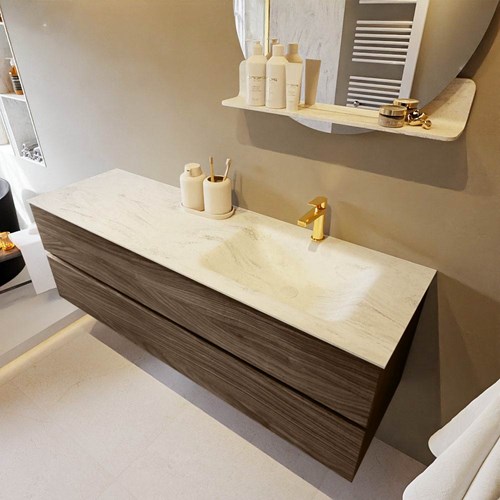 VICA-DLUX 150cm mueble de baño Mocha 2 cajones. Lavabo CLOUD Derecho 1 orificio color Opalo.