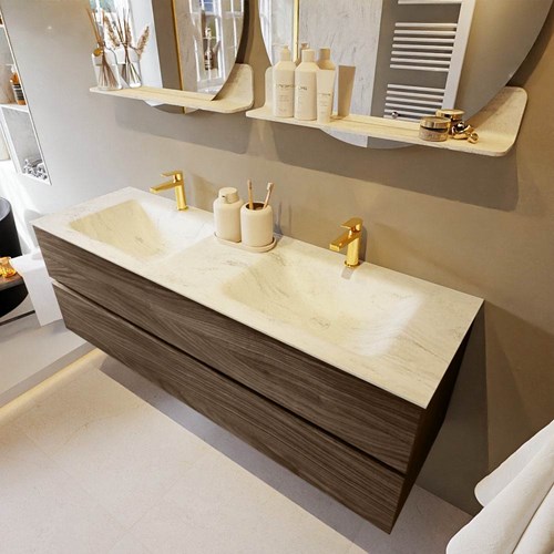 VICA-DLUX 150cm mueble de baño Mocha 2 cajones. Lavabo CLOUD Doble 2 orificios color Opalo.