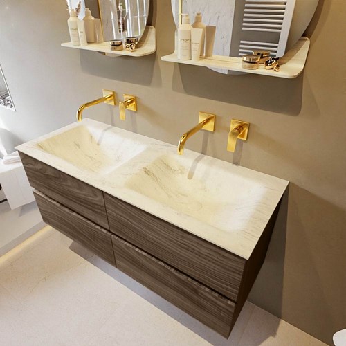 VICA-DLUX 120cm mueble de baño Mocha 4 cajones. Lavabo CLOUD Doble sin orificio color Opalo.