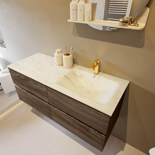 VICA-DLUX 120cm mueble de baño Mocha 4 cajones. Lavabo CLOUD Derecho 1 orificio color Opalo.