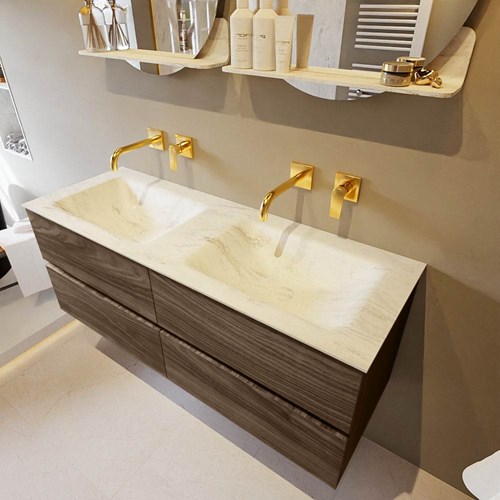 VICA-DLUX 130cm mueble de baño Mocha 4 cajones. Lavabo CLOUD Doble sin orificio color Opalo.
