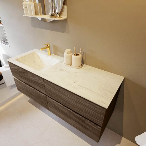 VICA-DLUX 130cm mueble de baño Mocha 4 cajones. Lavabo CLOUD Izquierda 1 orificio color Opalo.