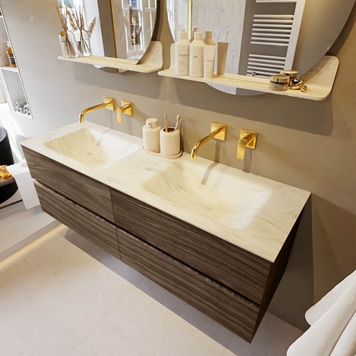 VICA-DLUX 150cm mueble de baño Mocha 4 cajones. Lavabo CLOUD Doble sin orificio color Opalo.