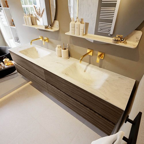 VICA-DLUX 200cm mueble de baño Mocha 4 cajones. Lavabo CLOUD Doble sin orificio color Opalo.