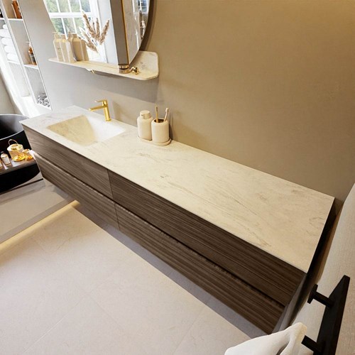 VICA-DLUX 200cm mueble de baño Mocha 4 cajones. Lavabo CLOUD Izquierda 1 orificio color Opalo.