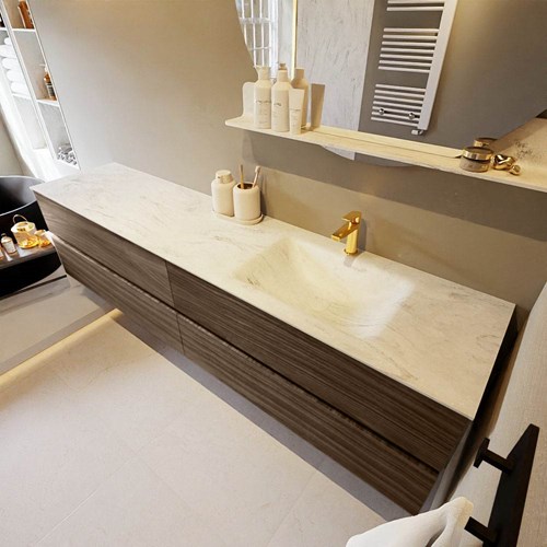 VICA-DLUX 200cm mueble de baño Mocha 4 cajones. Lavabo CLOUD Derecho 1 orificio color Opalo.