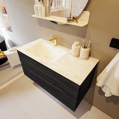 VICA-DLUX 100cm mueble de baño Antracite 2 cajones. Lavabo CLOUD Izquierda 1 orificio color Ostra.