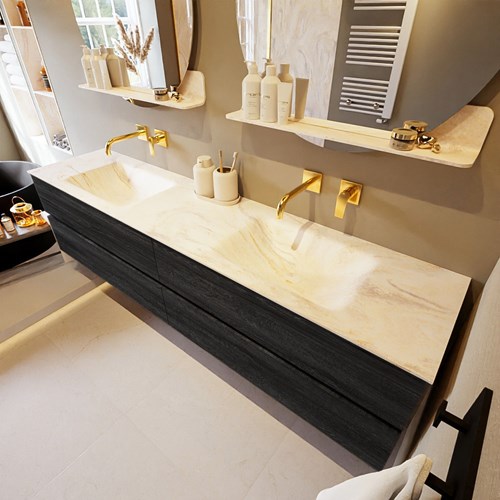 VICA-DLUX 200cm mueble de baño Antracite 4 cajones. Lavabo CLOUD Doble sin orificio color Ostra.