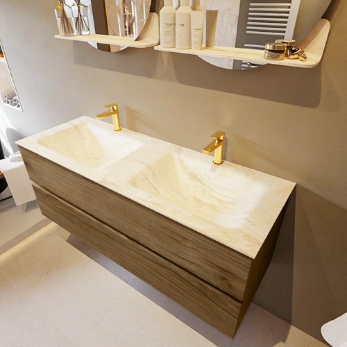 VICA-DLUX 130cm mueble de baño Chai 2 cajones. Lavabo CLOUD Doble 2 orificios color Ostra.