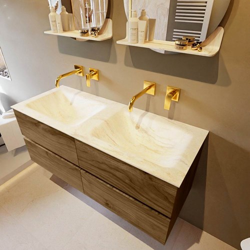 VICA-DLUX 120cm mueble de baño Chai 4 cajones. Lavabo CLOUD Doble sin orificio color Ostra.