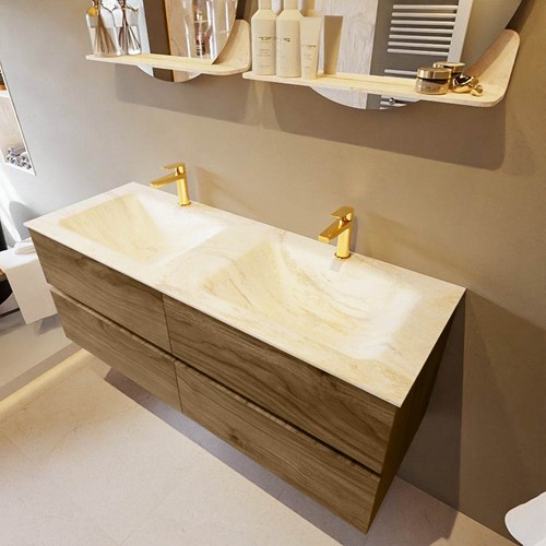 VICA-DLUX 130cm mueble de baño Chai 4 cajones. Lavabo CLOUD Doble 2 orificios color Ostra.