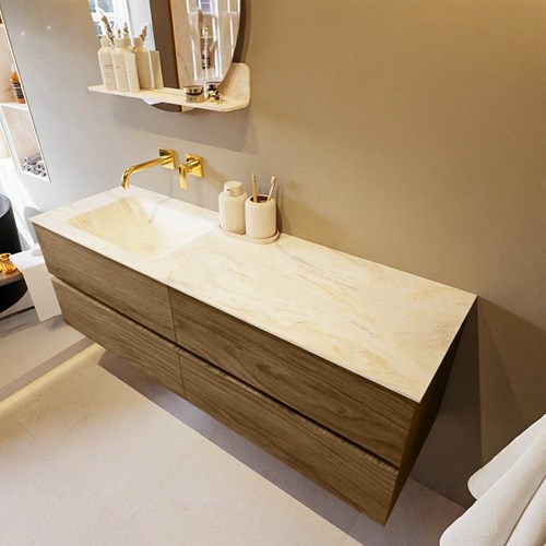 VICA-DLUX 150cm mueble de baño Chai 4 cajones. Lavabo CLOUD Izquierda sin orificio color Ostra.