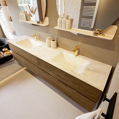 VICA-DLUX 200cm mueble de baño Chai 4 cajones. Lavabo CLOUD Doble 2 orificios color Ostra.