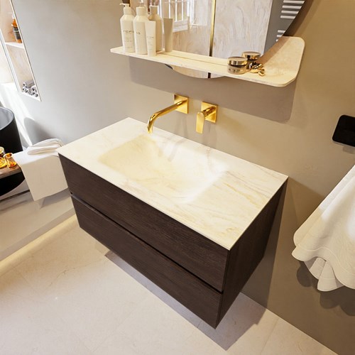 VICA-DLUX 90cm mueble de baño Dark Brown 2 cajones. Lavabo CLOUD Centro sin orificio color Ostra.