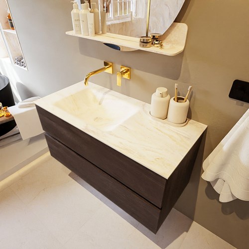 VICA-DLUX 100cm mueble de baño Dark Brown 2 cajones. Lavabo CLOUD Izquierda sin orificio color Ostra.