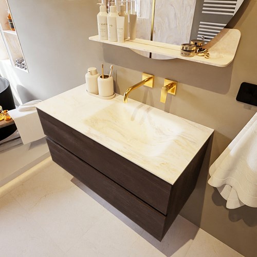 VICA-DLUX 100cm mueble de baño Dark Brown 2 cajones. Lavabo CLOUD Derecho sin orificio color Ostra.
