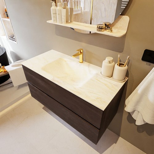 VICA-DLUX 100cm mueble de baño Dark Brown 2 cajones. Lavabo CLOUD Centro 1 orificio color Ostra.