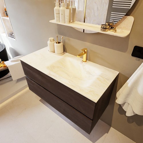 VICA-DLUX 100cm mueble de baño Dark Brown 2 cajones. Lavabo CLOUD Derecho 1 orificio color Ostra.
