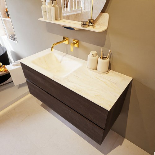 VICA-DLUX 110cm mueble de baño Dark Brown 2 cajones. Lavabo CLOUD Izquierda sin orificio color Ostra.