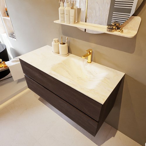 VICA-DLUX 110cm mueble de baño Dark Brown 2 cajones. Lavabo CLOUD Derecho 1 orificio color Ostra.