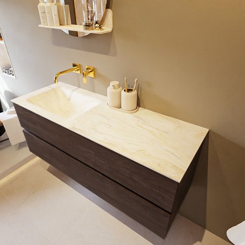 VICA-DLUX 130cm mueble de baño Dark Brown 2 cajones. Lavabo CLOUD Izquierda sin orificio color Ostra.