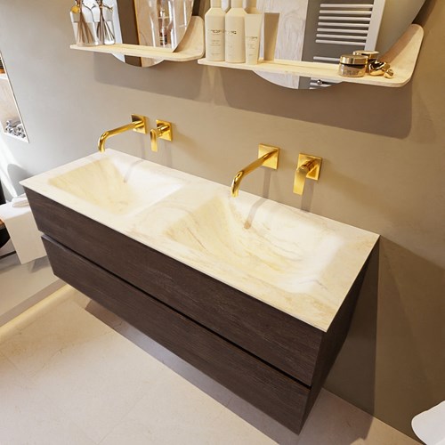 VICA-DLUX 130cm mueble de baño Dark Brown 2 cajones. Lavabo CLOUD Doble sin orificio color Ostra.