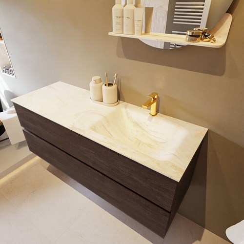 VICA-DLUX 130cm mueble de baño Dark Brown 2 cajones. Lavabo CLOUD Derecho 1 orificio color Ostra.