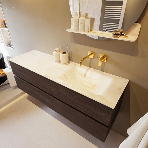 VICA-DLUX 150cm mueble de baño Dark Brown 2 cajones. Lavabo CLOUD Derecho sin orificio color Ostra.