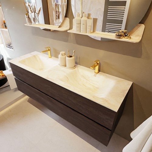 VICA-DLUX 150cm mueble de baño Dark Brown 2 cajones. Lavabo CLOUD Doble 2 orificios color Ostra.