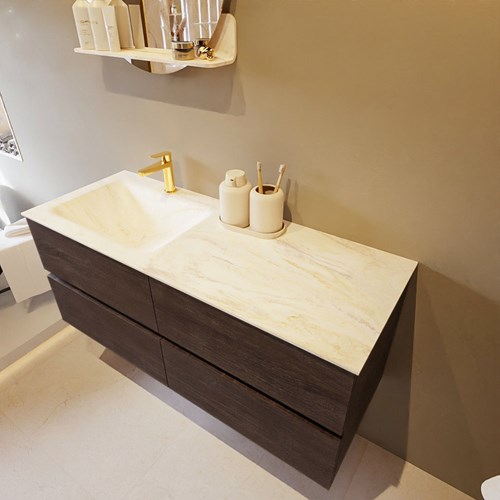 VICA-DLUX 120cm mueble de baño Dark Brown 4 cajones. Lavabo CLOUD Izquierda 1 orificio color Ostra.