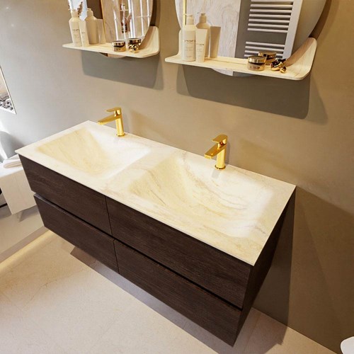 VICA-DLUX 120cm mueble de baño Dark Brown 4 cajones. Lavabo CLOUD Doble 2 orificios color Ostra.