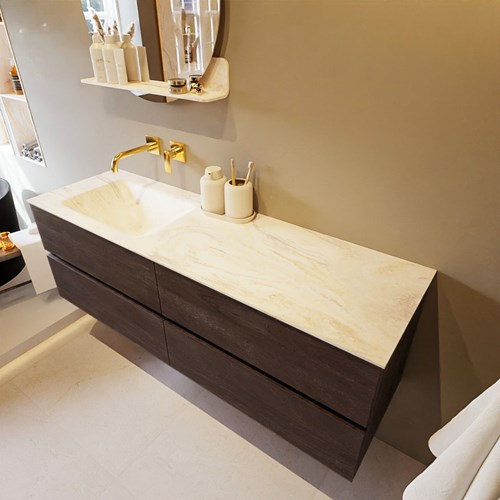 VICA-DLUX 150cm mueble de baño Dark Brown 4 cajones. Lavabo CLOUD Izquierda sin orificio color Ostra.