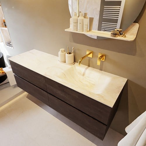 VICA-DLUX 150cm mueble de baño Dark Brown 4 cajones. Lavabo CLOUD Derecho sin orificio color Ostra.