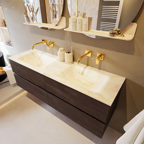 VICA-DLUX 150cm mueble de baño Dark Brown 4 cajones. Lavabo CLOUD Doble sin orificio color Ostra.